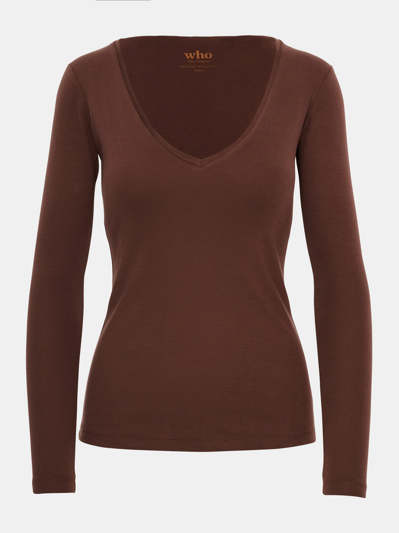 Built in bra luxury top t shirt long sleeved v neck brown Chocolate
